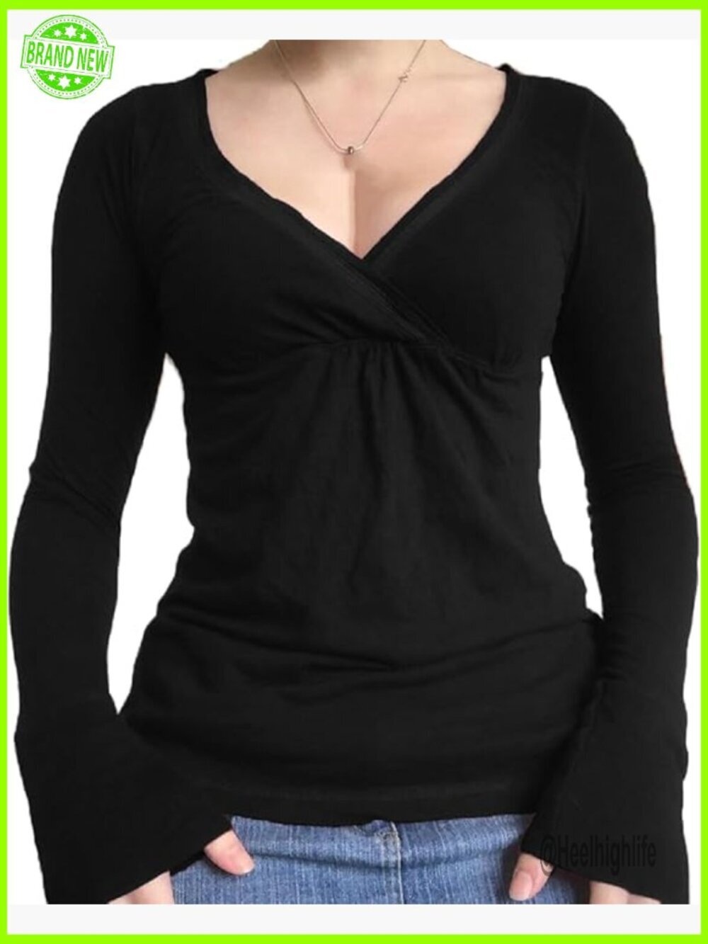 Long Sleeve V Neck Slim Fit Blouse Fairy Grunge Aesthetic T Shirt Top Streetwear